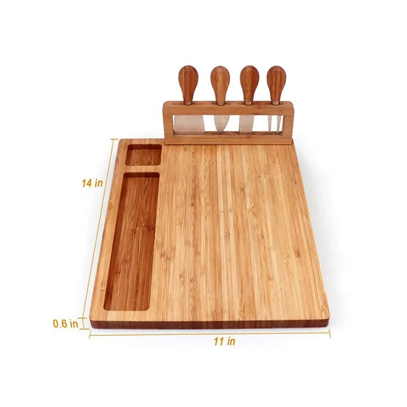 Natural Bamboo Cheese Board Set with 4 Knives
