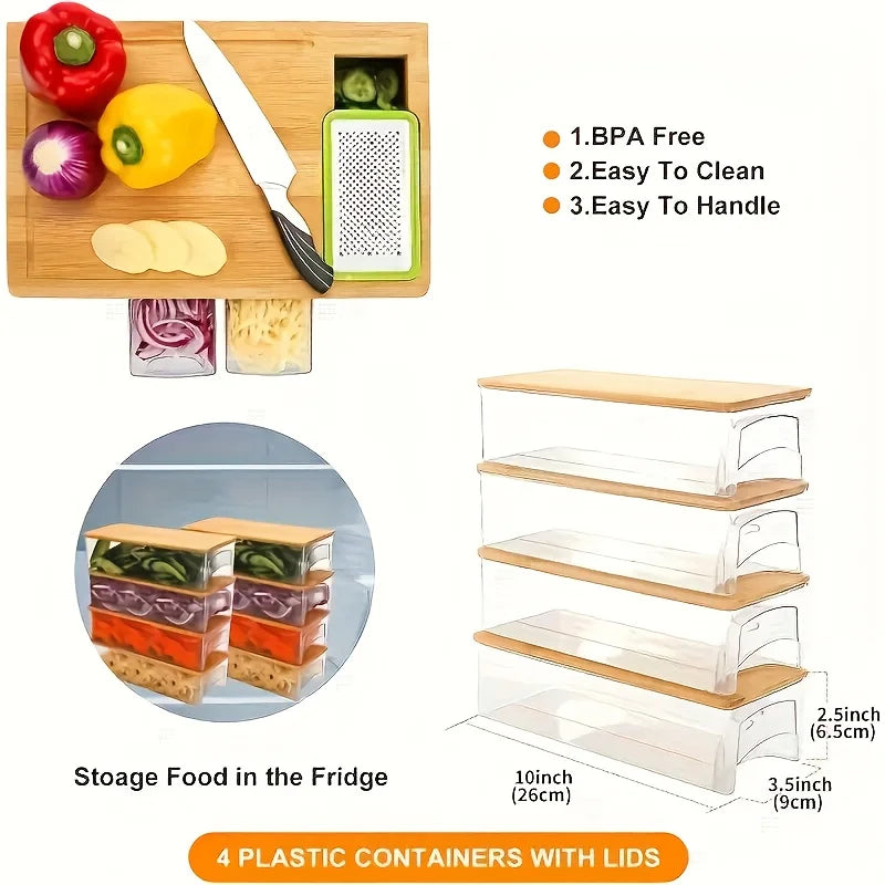 Bamboo Cutting Board with Storage Drawers and Grater