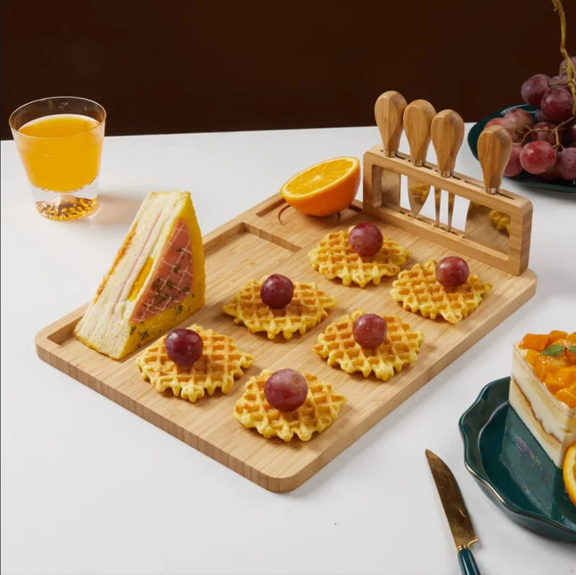 Natural Bamboo Cheese Board Set with 4 Knives