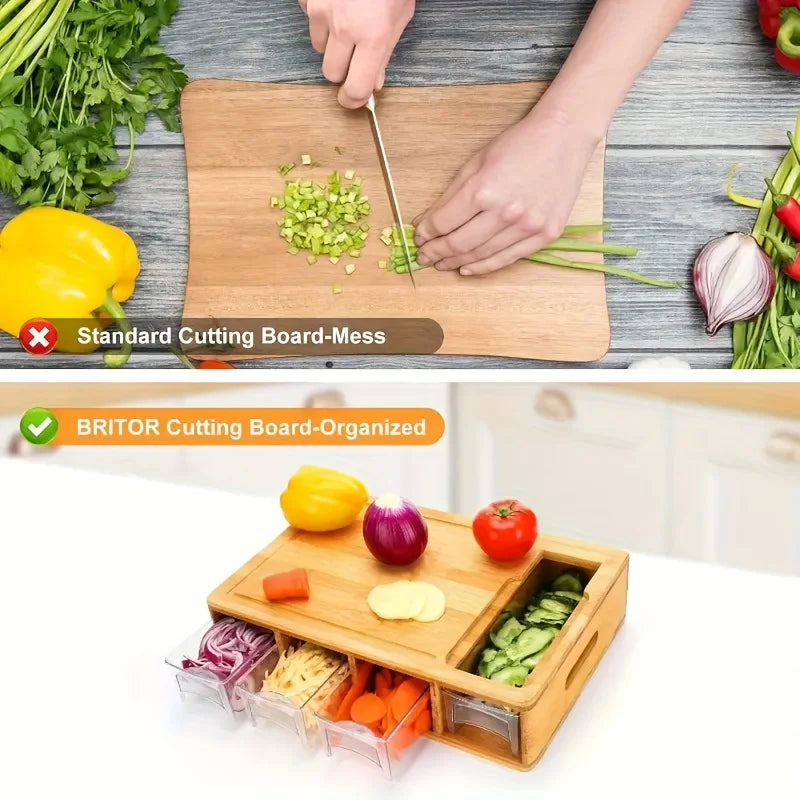 Bamboo Cutting Board with Storage Drawers and Grater