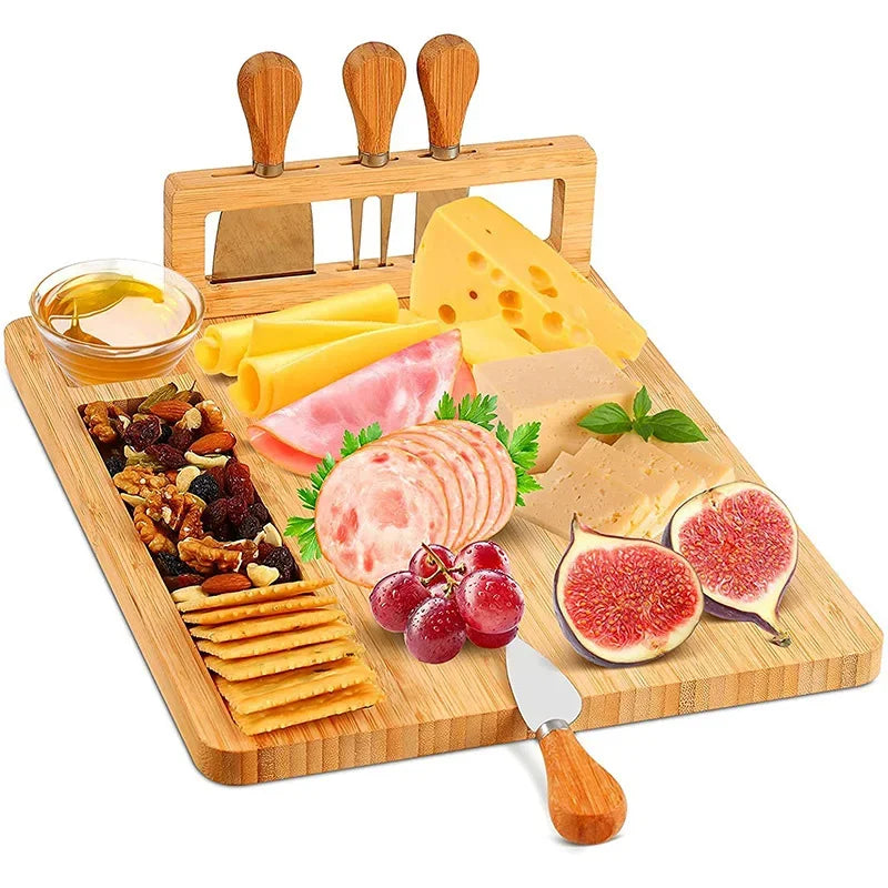 Natural Bamboo Cheese Board Set with 4 Knives