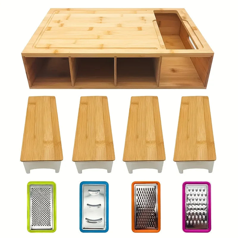 Bamboo Cutting Board with Storage Drawers and Grater