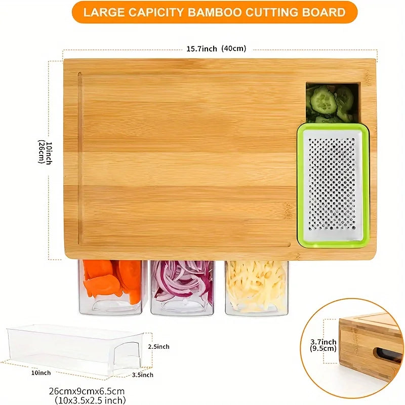 Bamboo Cutting Board with Storage Drawers and Grater