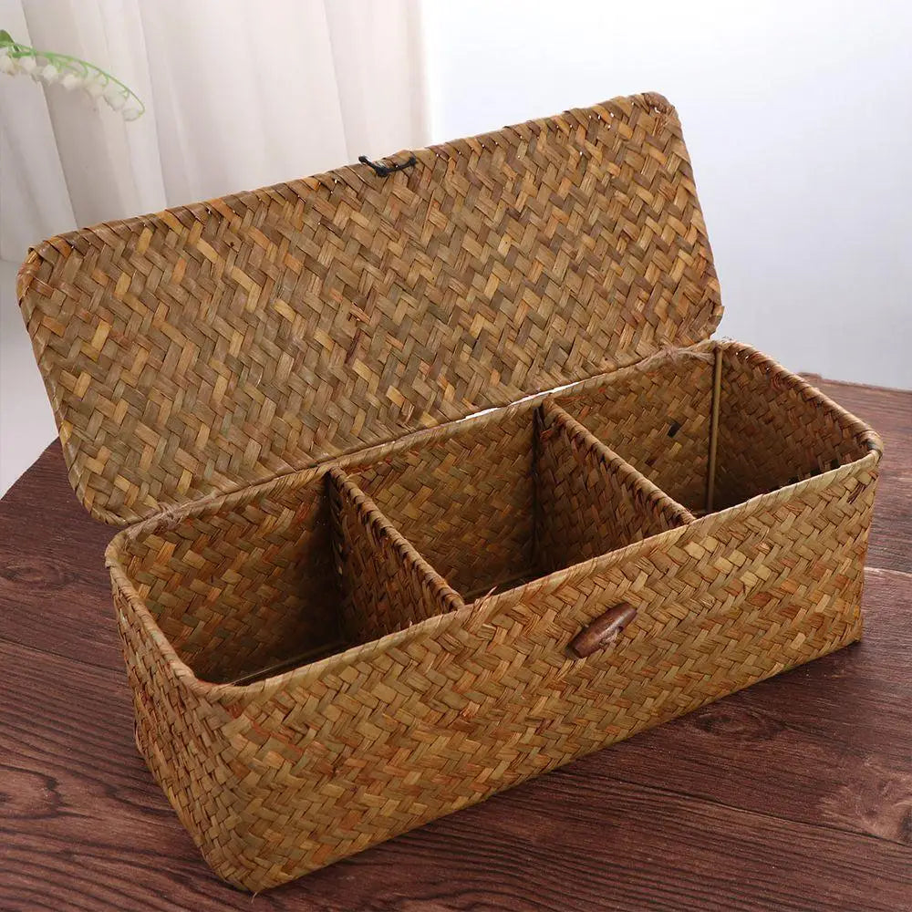 3 Grids Hand Woven Storage Baskets with Lid Dust Clothing Basket