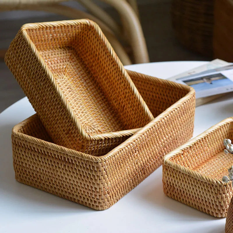 Rectangular Rattan Storage Baskets Handmade Woven Nesting Wicker