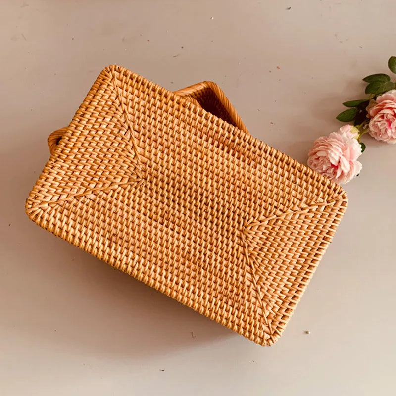 Rectangular Rattan Storage Baskets Handmade Woven Nesting Wicker