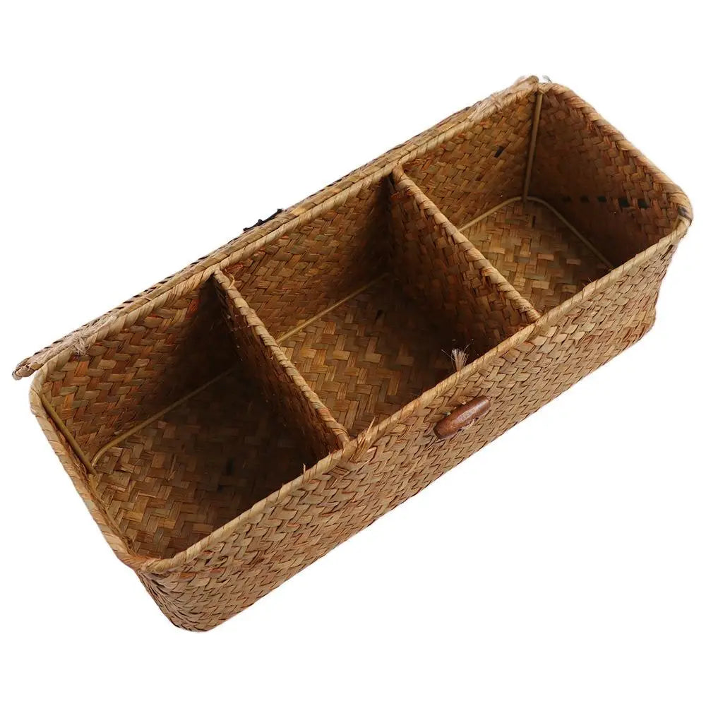 3 Grids Hand Woven Storage Baskets with Lid Dust Clothing Basket