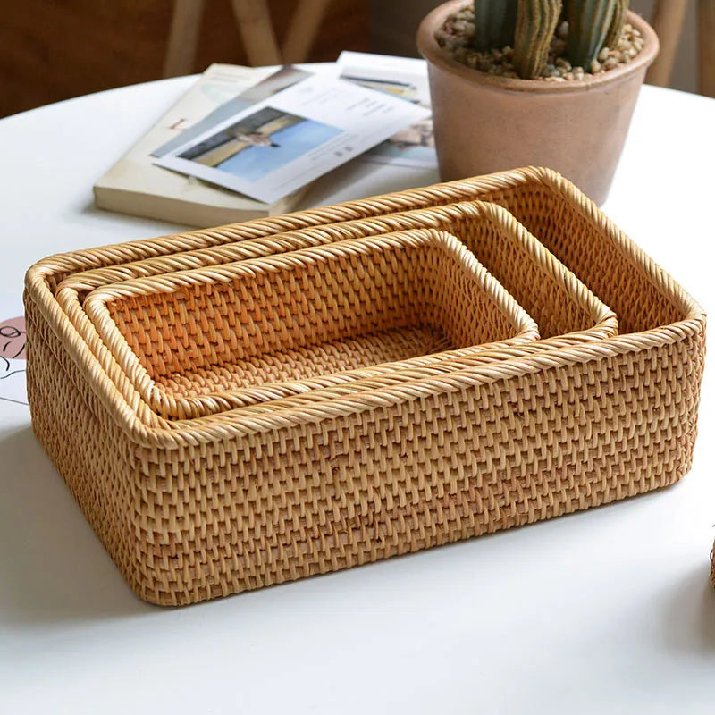 Rectangular Rattan Storage Baskets Handmade Woven Nesting Wicker
