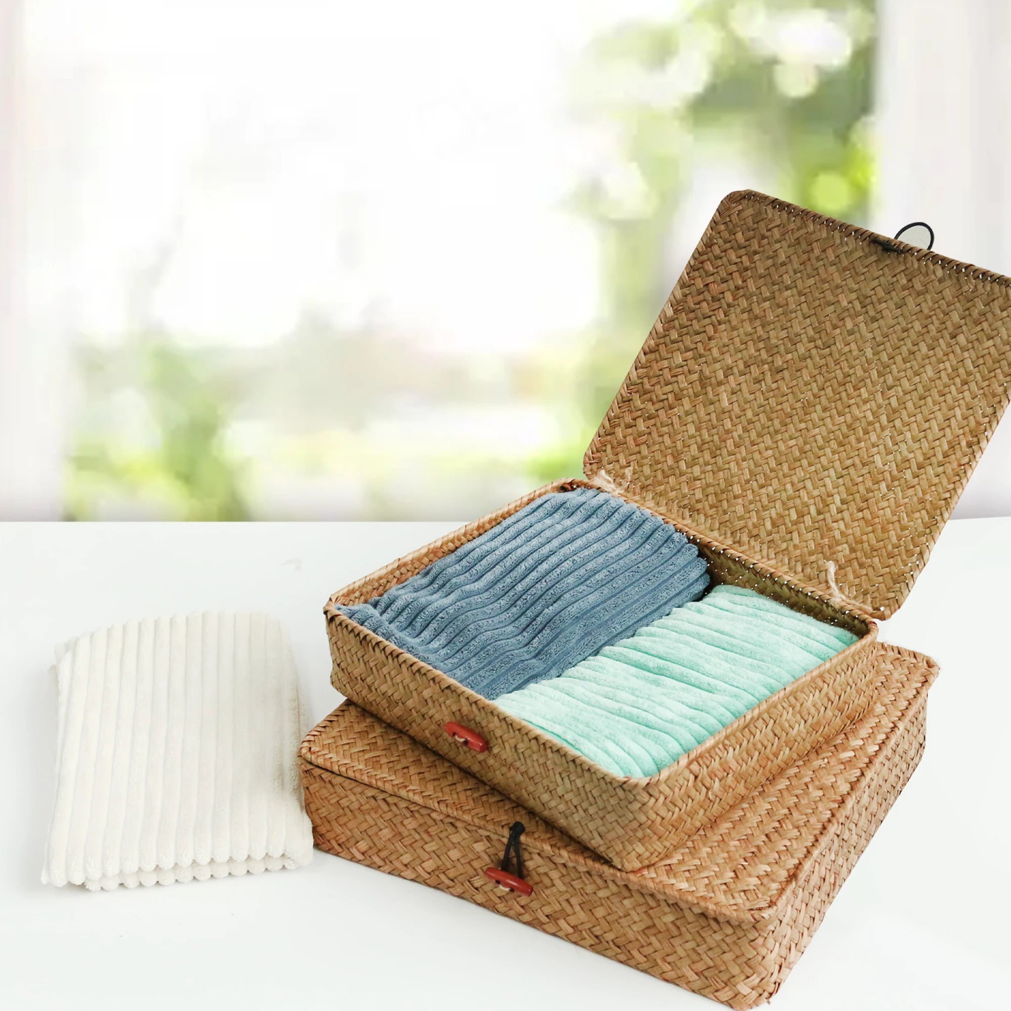 2 Pcs Seagrass Baskets with Lid Wicker Storage Basket Flat Rattan