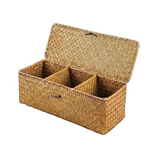 3 Grids Hand Woven Storage Baskets with Lid Dust Clothing Basket