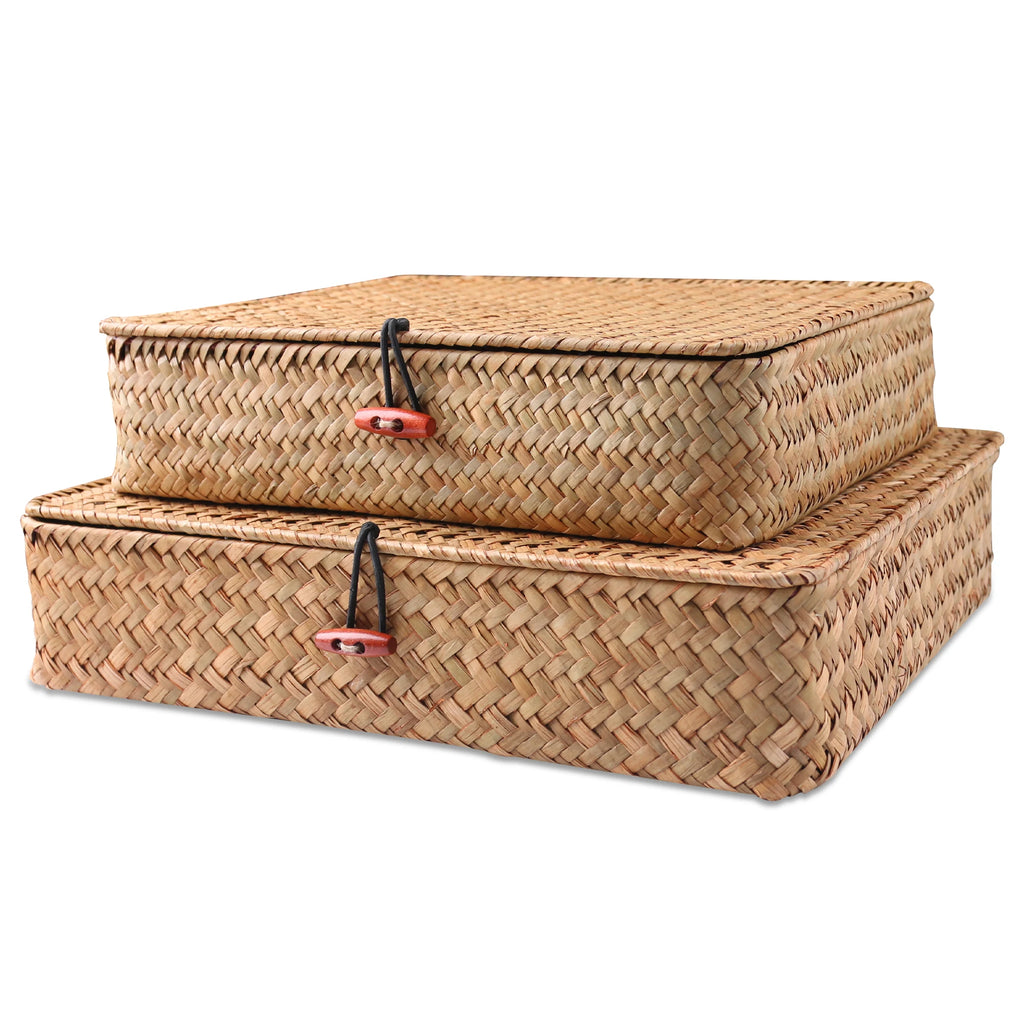 2 Pcs Seagrass Baskets with Lid Wicker Storage Basket Flat Rattan