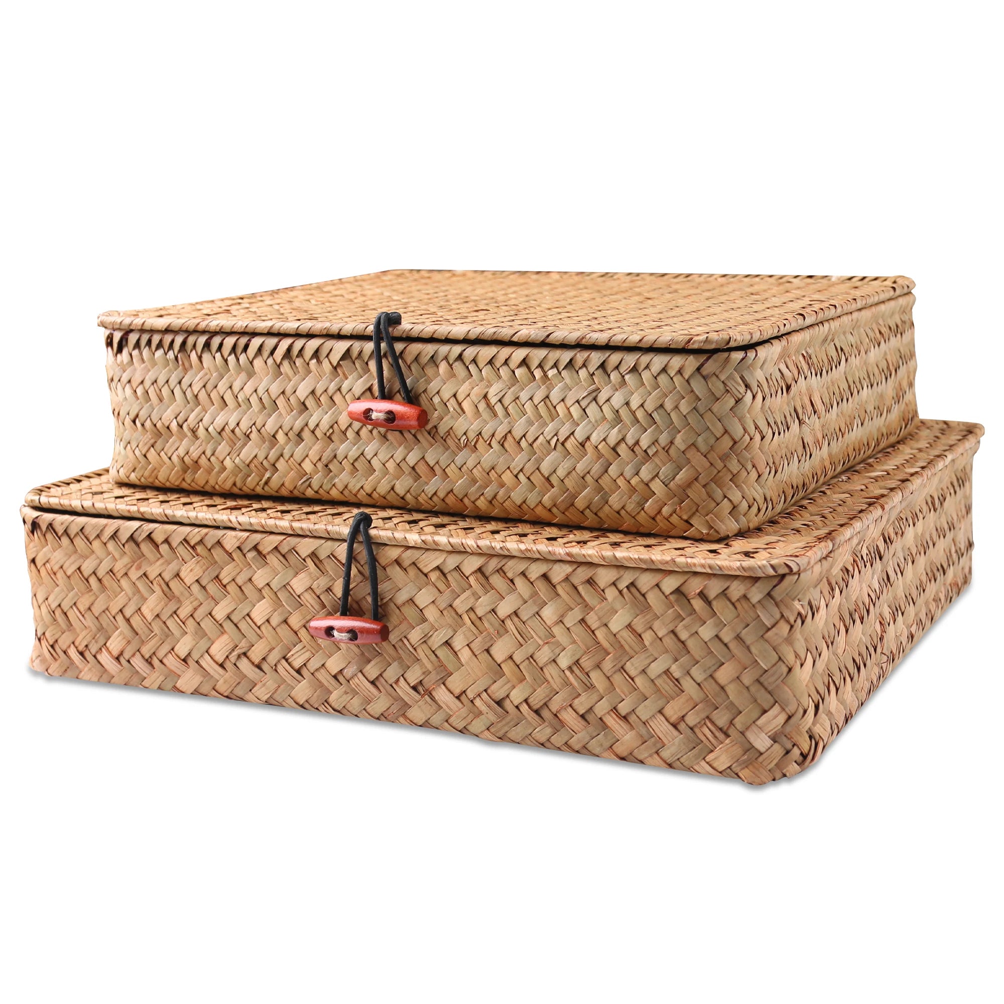 2 Pcs Seagrass Baskets with Lid Wicker Storage Basket Flat Rattan