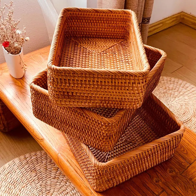 Rectangular Rattan Storage Baskets Handmade Woven Nesting Wicker