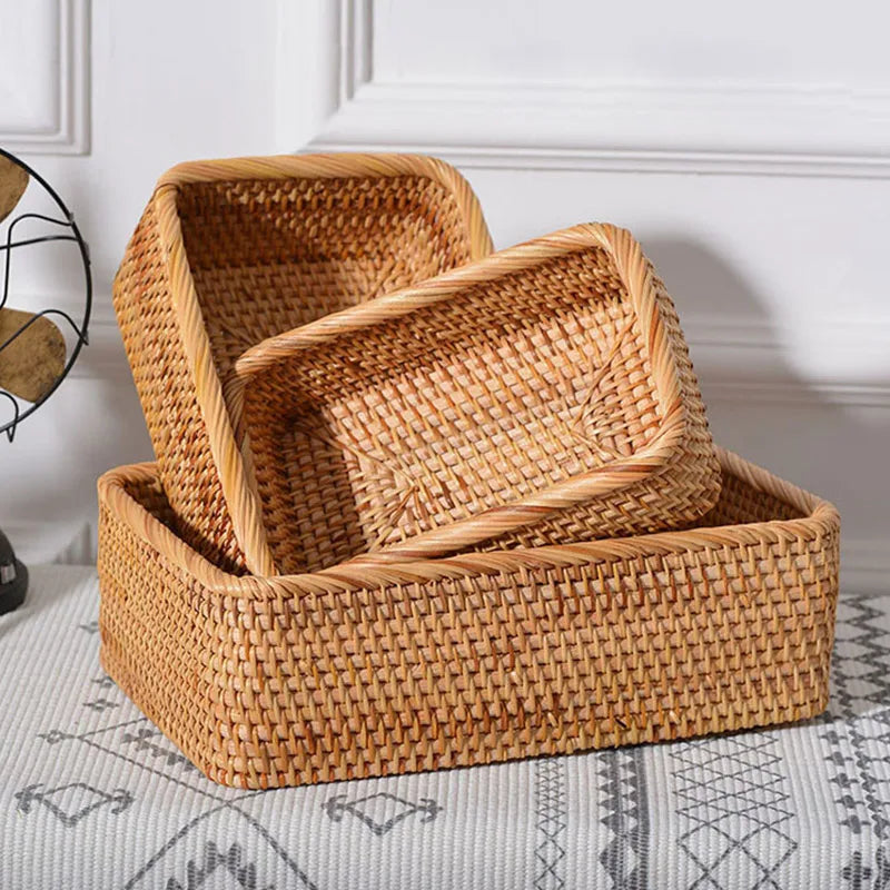 Rectangular Rattan Storage Baskets Handmade Woven Nesting Wicker