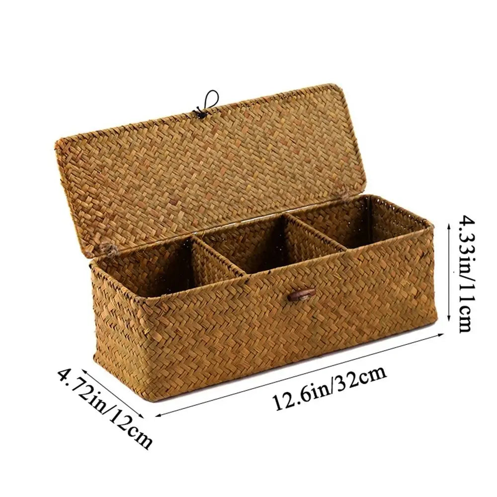 3 Grids Hand Woven Storage Baskets with Lid Dust Clothing Basket