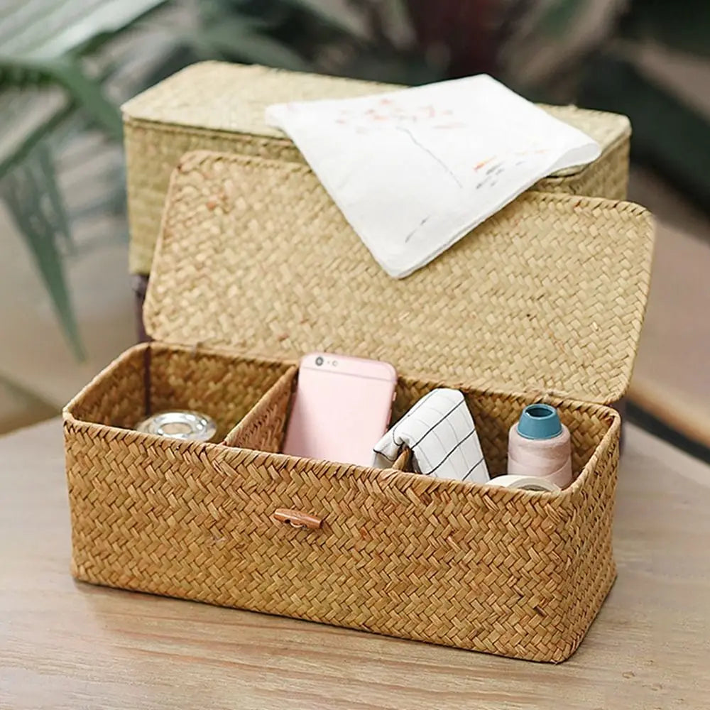 3 Grids Hand Woven Storage Baskets with Lid Dust Clothing Basket