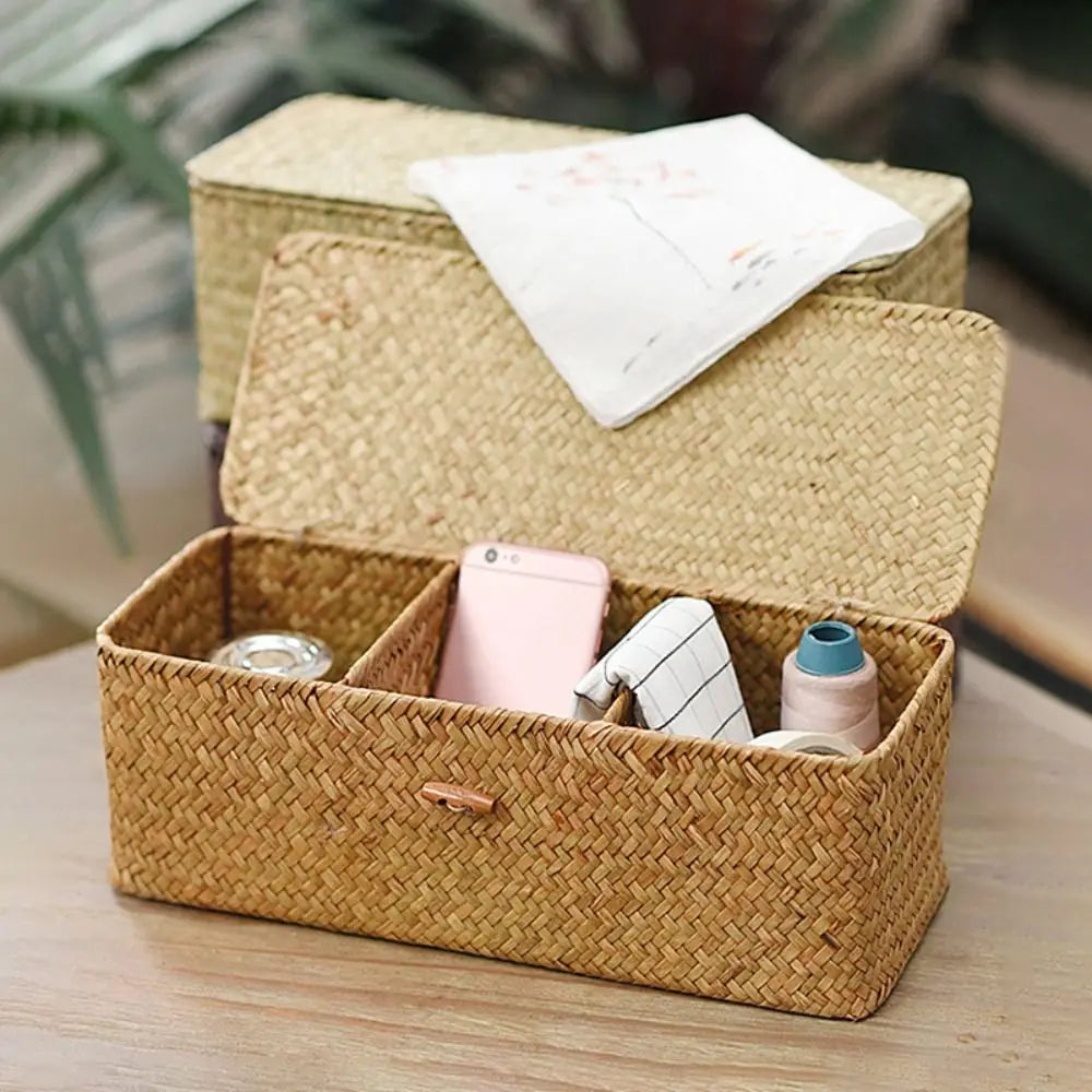 3 Grids Hand Woven Storage Baskets with Lid Dust Clothing Basket