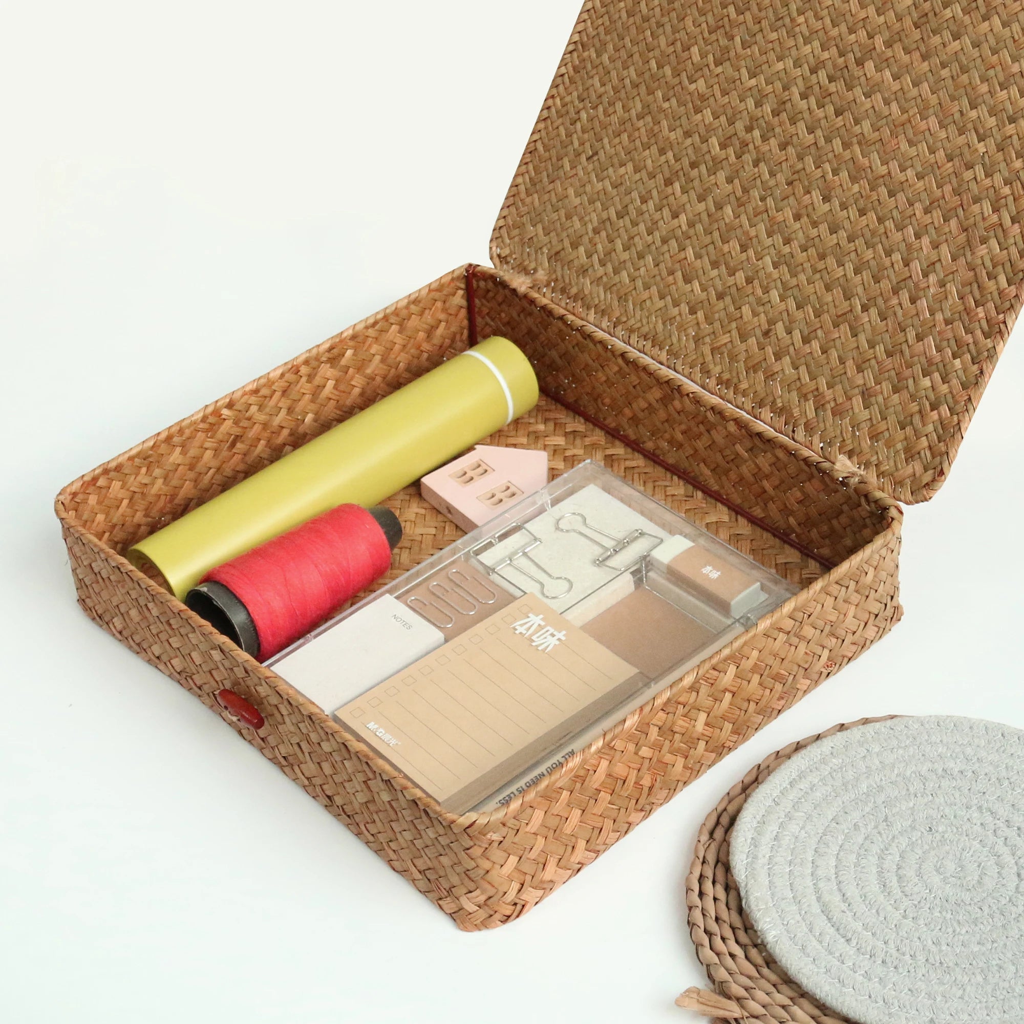 2 Pcs Seagrass Baskets with Lid Wicker Storage Basket Flat Rattan