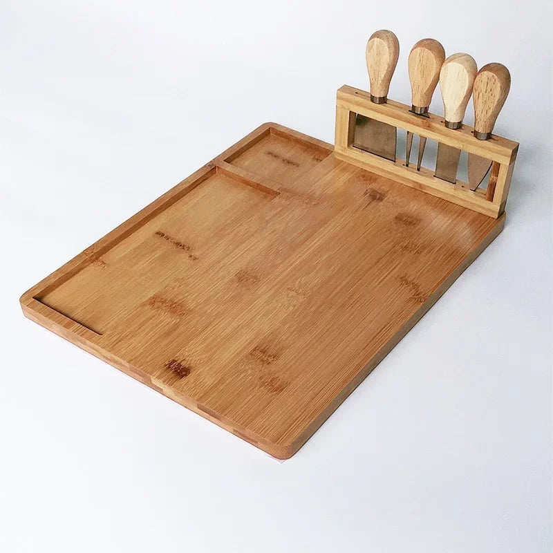 Natural Bamboo Cheese Board Set with 4 Knives
