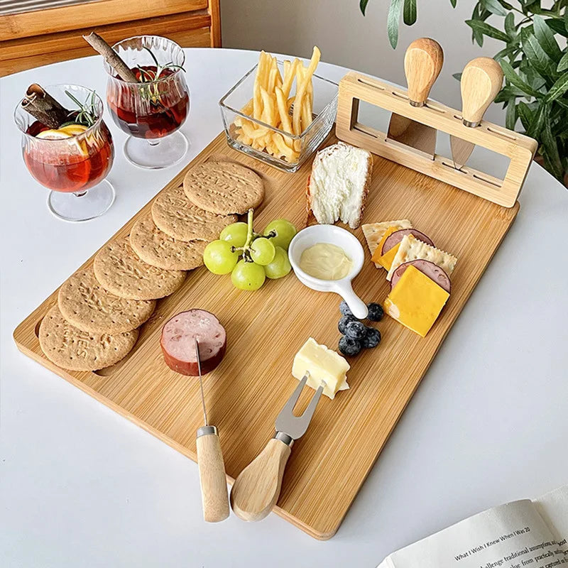 Natural Bamboo Cheese Board Set with 4 Knives