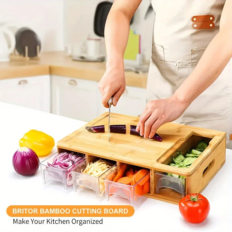 Bamboo Cutting Board with Storage Drawers and Grater