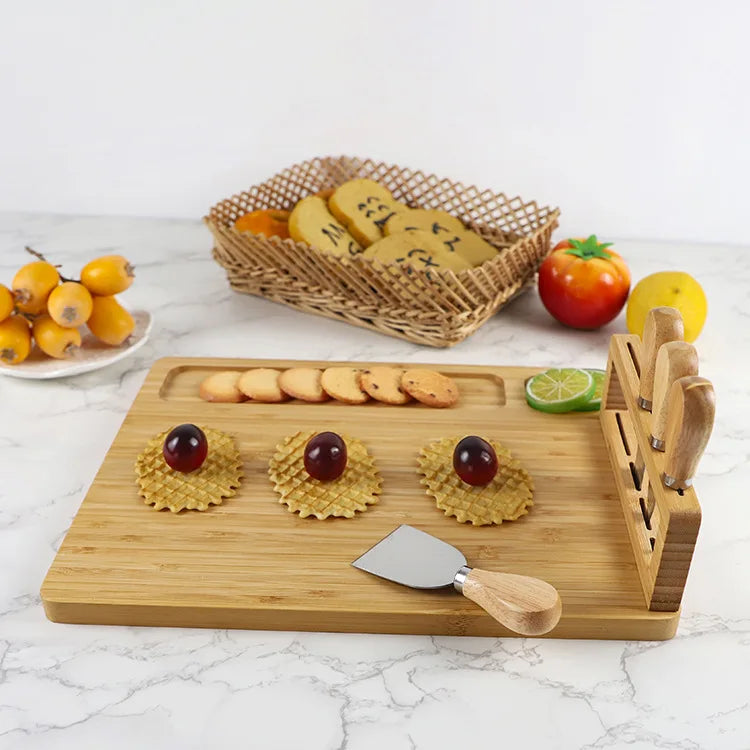 Natural Bamboo Cheese Board Set with 4 Knives