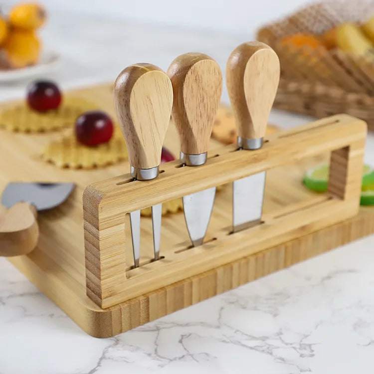 Natural Bamboo Cheese Board Set with 4 Knives