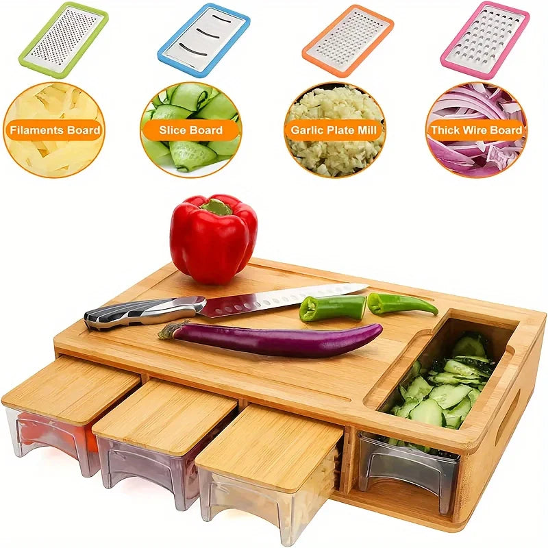 Bamboo Cutting Board with Storage Drawers and Grater