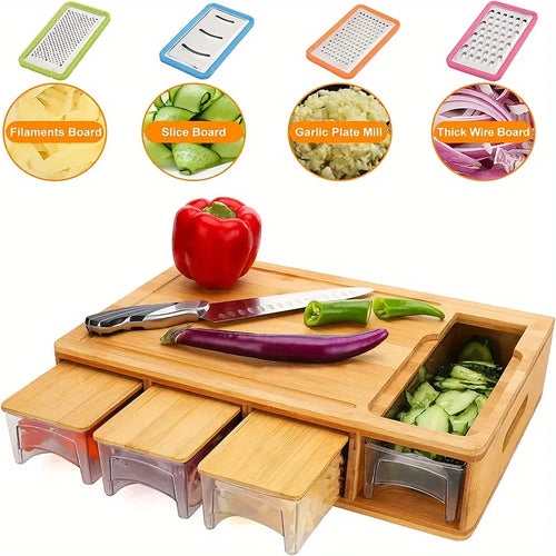 Bamboo Cutting Board with Storage Drawers and Grater